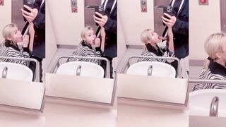 My golden-haired girlfriend kneels down to give me a blowjob