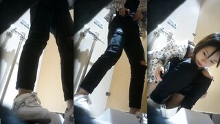 Beautiful woman urinating in public restroom