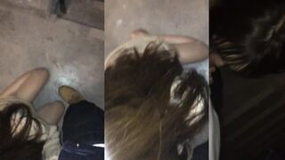 Jiangda campus beauty kneels down at the stairs to give a blowjob