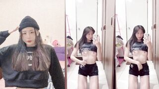 Contrast undersized breasts girl kneels down in front of the mirror