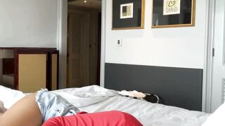 Brown-haired college student is in horny and masturbates on a pillow
