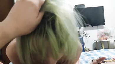 Green haired girl gets her head pressed and blowjob