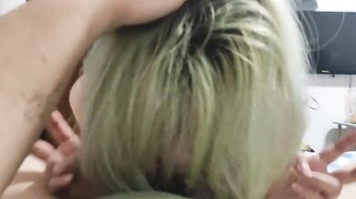 Green haired girl gets her head pressed and blowjob