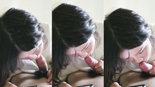 College girl plays with her phone while giving blowjob