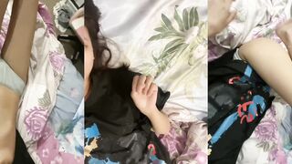 Girl lying on the bed and taking a selfie with her beautiful legs and pussy