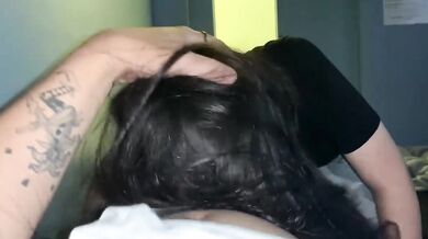 Korean college beauty gives blowjob to big brother in private cinema