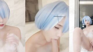 Cosplayer's steamy shower solo with squirting toy