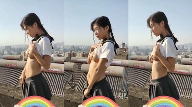 Sailor Suit Girl with Twin Braids Exposes Herself on Rooftop