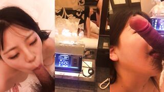 College girl with heavy makeup and big eyes giving a blowjob