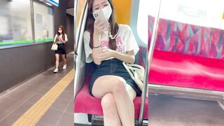 Cute Mini-Skirt Denim JD with Gorgeous Legs Secretly Filmed on Train and in Restroom