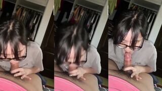 Big tits school girl with glasses gives blowjob