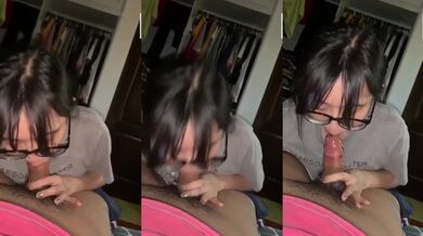 Big tits school girl with glasses gives blowjob