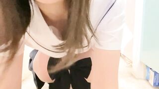 Schoolgirl masturbates and wets her panties