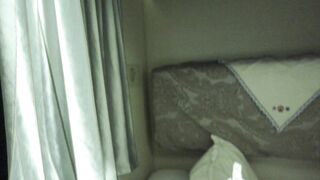 Young woman in train sleeper car wears open-crotch stockings, completely bare