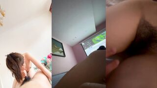 Shy girlfriend in glasses taken to hotel by sugar daddy, forced to film her wild side. Starts off bashful, covering face and body, but nipples show through. Eventually gives in