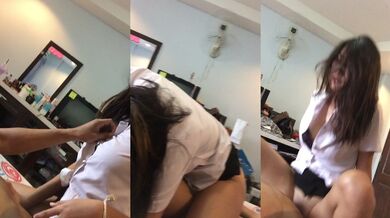 泰國學生妹子穿著校服騎在男友身上