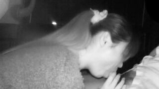Black and White Video: College Beauty Gets Oral Creampie in Car