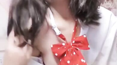 Cute girl in black silk uniform seduces