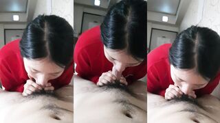 Sweet girl in red gives blowjob
