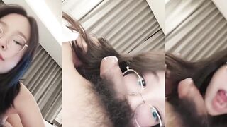 The girl with glasses teases the super foreskin man