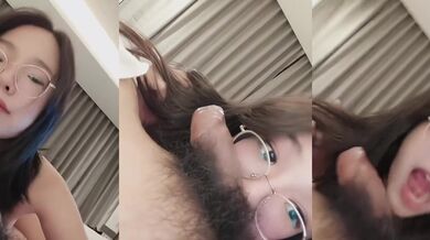 The girl with glasses teases the super foreskin man