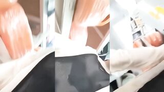 Shopping in the supermarket in a transparent outfit without bottoms