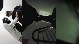 Korean G God takes two girls to give blowjob at the staircase