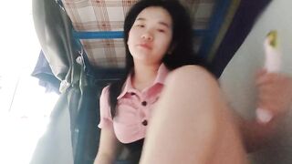Chubby girl masturbates with vibrator in dormitory